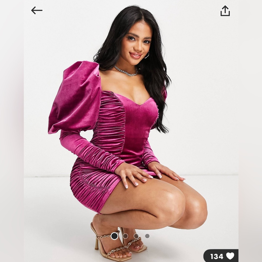 ASOS DESIGN velvet ruched side mini balloon sleeve dress in pink. US 8